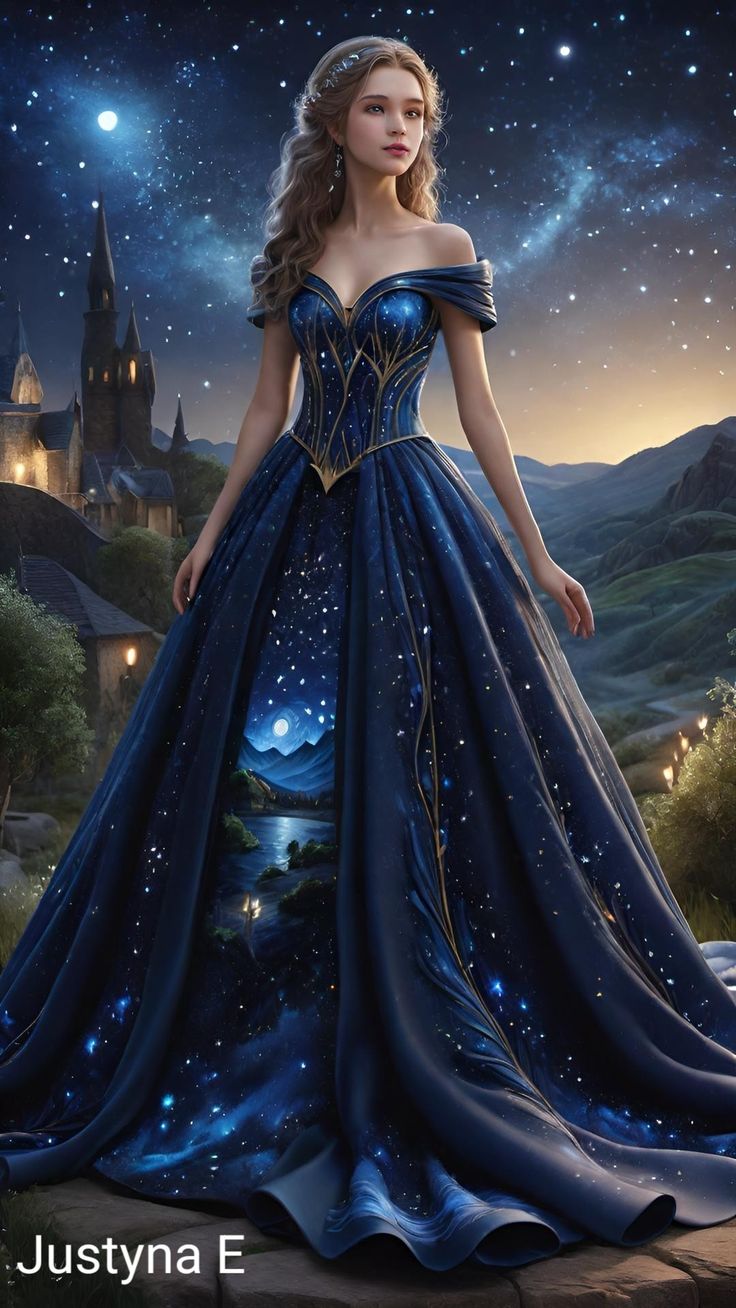 Blue Starry Dress, Blue Fantasy Dress, Night Princess, Fantasy Dress Design, Gown Aesthetic, Ethereal Dress, Blue Ball Gowns, Dress Party Night, Fantasy Dresses