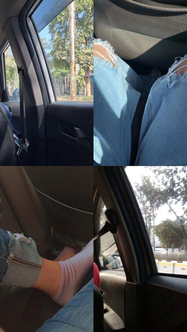 four different pictures showing the inside and outside of a car