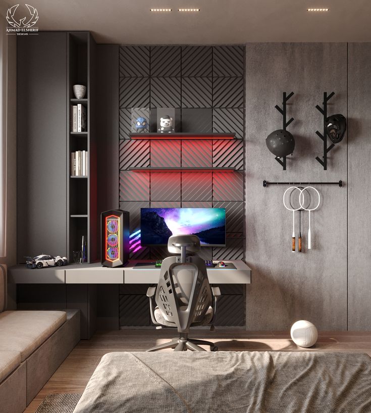 a bedroom with a bed, desk and television