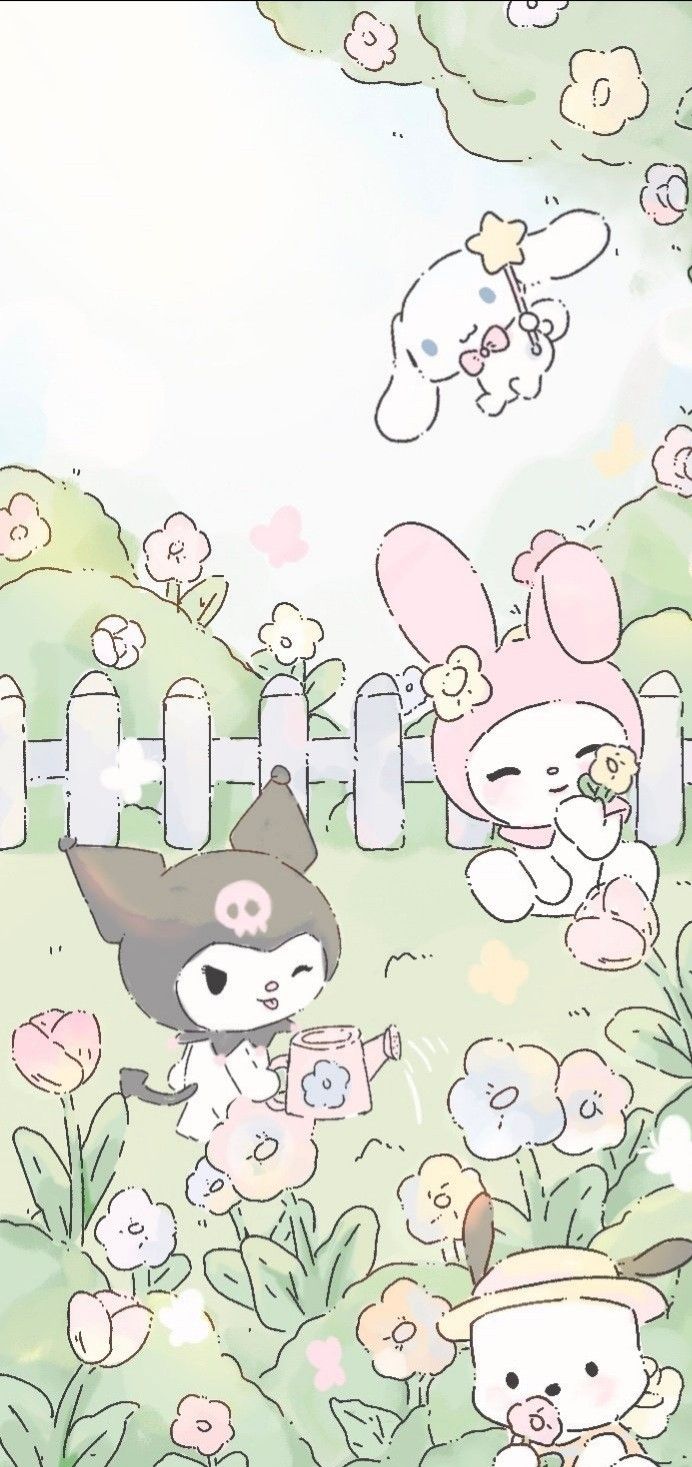 an image of some cartoon characters in the grass with flowers and rabbits around them on a sunny day