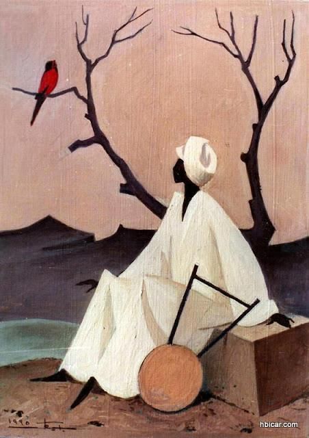 a painting of a person sitting in front of a tree with a bird on it