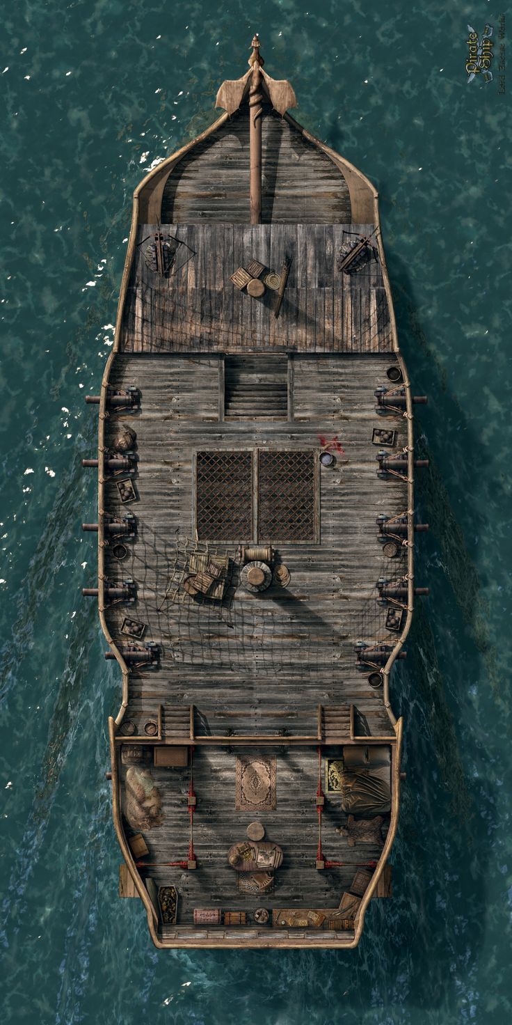 an aerial view of a wooden boat in the middle of the ocean with no people on it