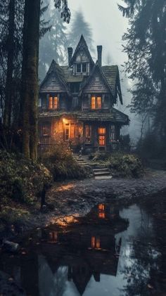 a house in the woods with trees around it and lights shining on its windows at night