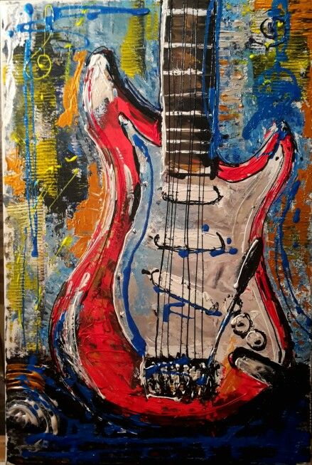 an abstract painting of a red and white electric guitar with blue, yellow, and orange colors