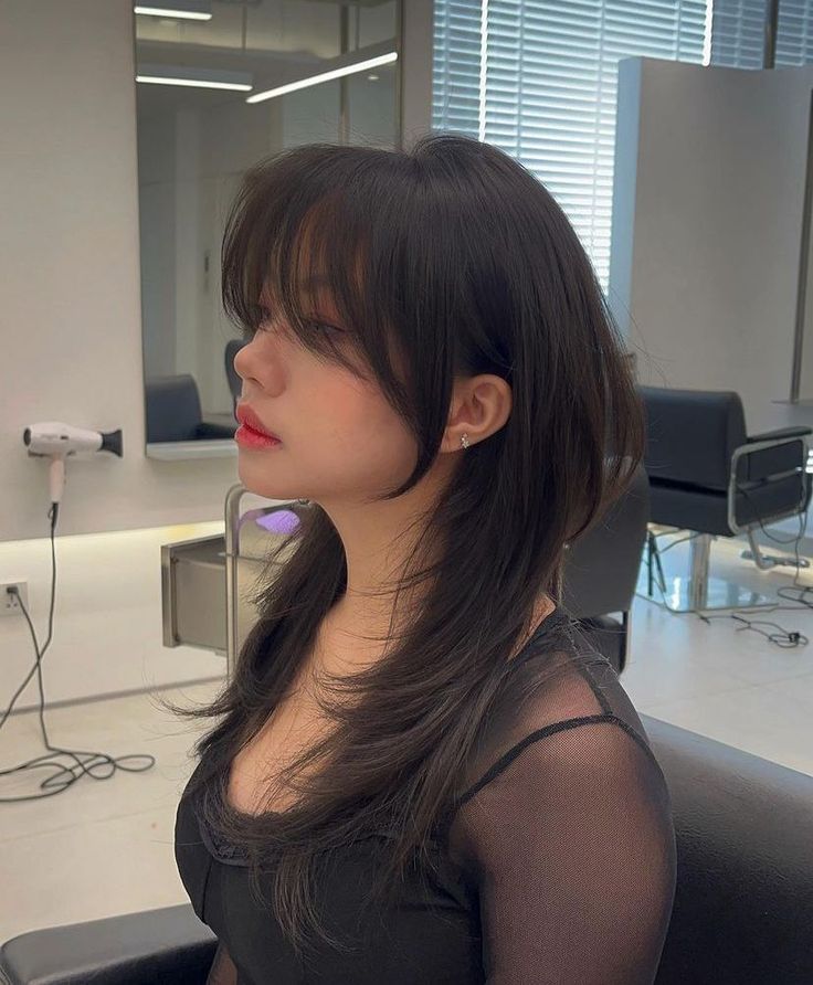 Prominent Hush Cut Short Hair Layered Curtain Bangs Medium Hair Asian, Fuller Curtain Bangs, Hush Haircut With Curtain Bangs, Hush Bangs, Curtain Bangs With Wolf Cut, Korean Hush Cut Medium Hair, Wolf Curtain Bangs, Long Hush Cut With Bangs, Hush Cut Short Hair With Bangs