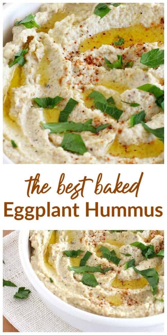 the best baked eggplant hummus in a white bowl with herbs on top