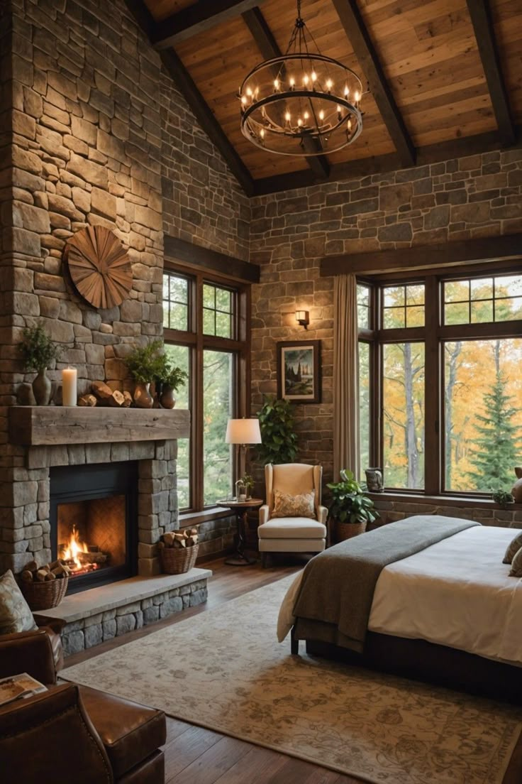 a bedroom with a fireplace, chair and bed in it's centerpieces