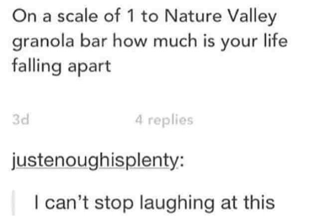 On a scale of 1 to nature valley granola bar hoe much is your life falling apart Cookies Quotes Funny, Baking Cookies Quotes, Cookies Quotes, Quotes Distance, Nature Valley, Feeling Pretty, Senior Quotes, Baking Cookies, Can't Stop Laughing