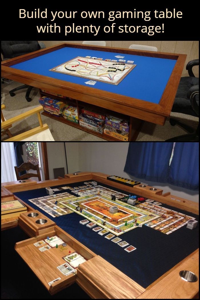 a table that has some sort of board game on it, and the words build your own gaming table with plenty of storage