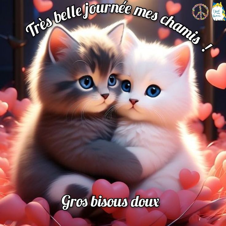 two kittens cuddle together in front of hearts with the caption, tres belle jeune mes grands gros bisous day