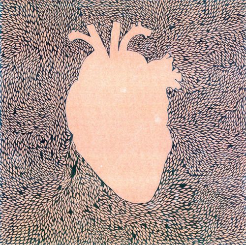 a drawing of a human heart surrounded by leaves