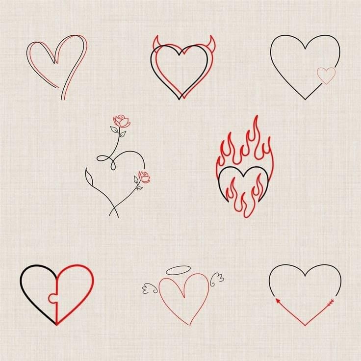 several hearts drawn in different colors and shapes