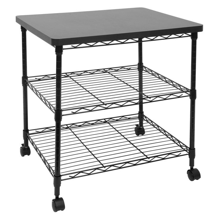 a black metal shelf with wheels and two shelves on each side, one is holding a tray