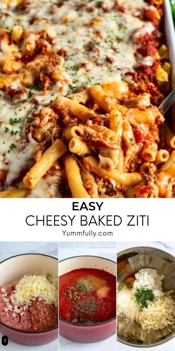 the steps to make cheesy baked ziti in one pan, including pasta and sauce