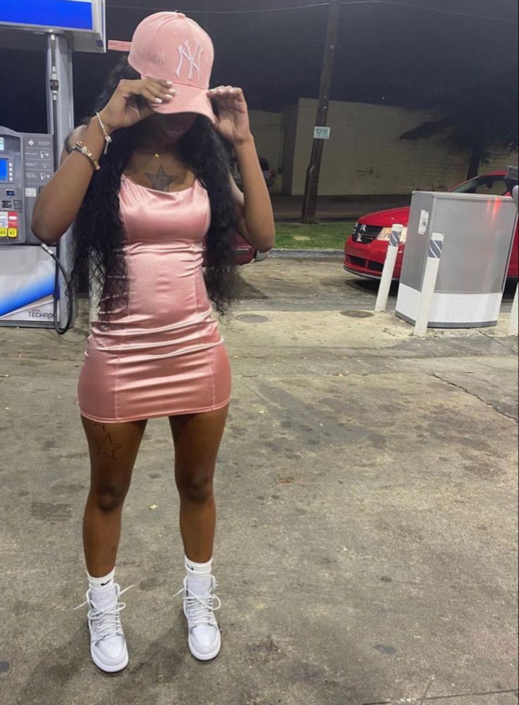 Dress And Sneakers Outfit Birthday, Birthday Dress With Sneakers, Pink Sneaker Ball Outfit, Dress With Jordans Outfit, Sneakerball Dresses, Sneakerball Outfits Women Dress, Sneaker Ball Dress Ideas Women, Homecoming Dresses With Sneakers, Dress With Sneakers Black Women