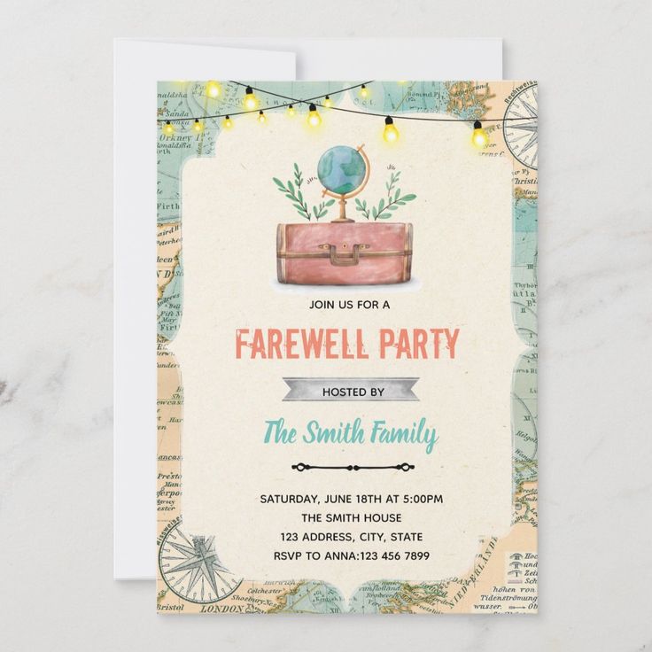 a birthday party card with an old suitcase and string lights on the front, which reads farewell party hosted by the smith family