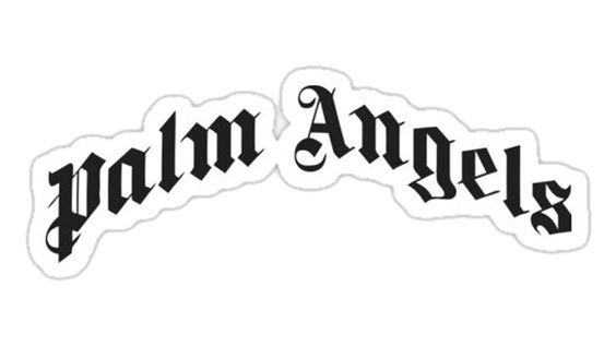 an image of the word palm angels in black on a white background sticker that reads,