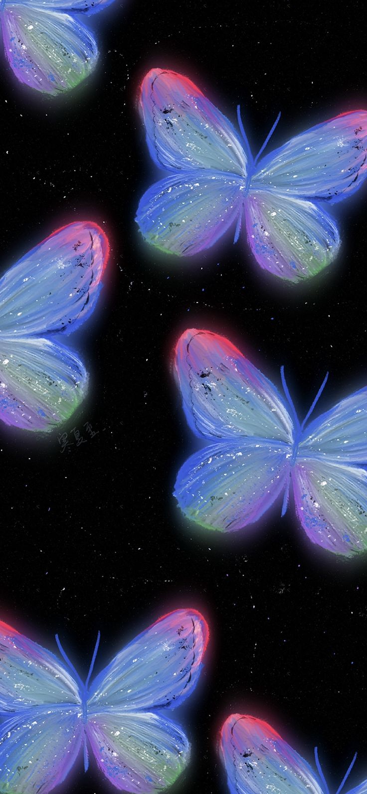 several blue and pink butterflies flying through the night sky