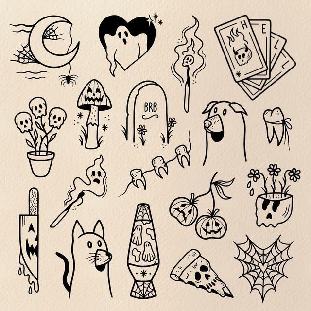 a collection of halloween doodles drawn by hand in black and white ink on paper