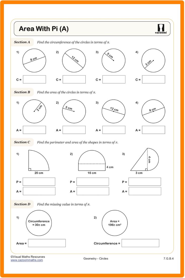 worksheet showing the area and perimeters of circles