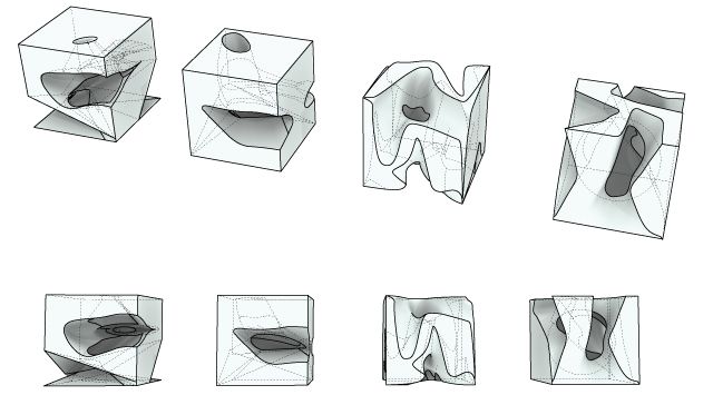 several drawings of different shapes and sizes of objects on a white background, each with an individual's foot sticking out of the box