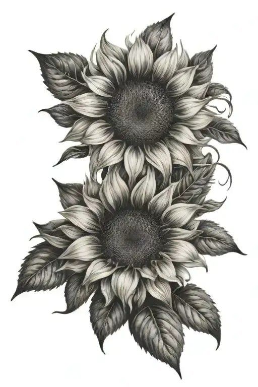 a drawing of two sunflowers with leaves on the bottom and one flower in the middle