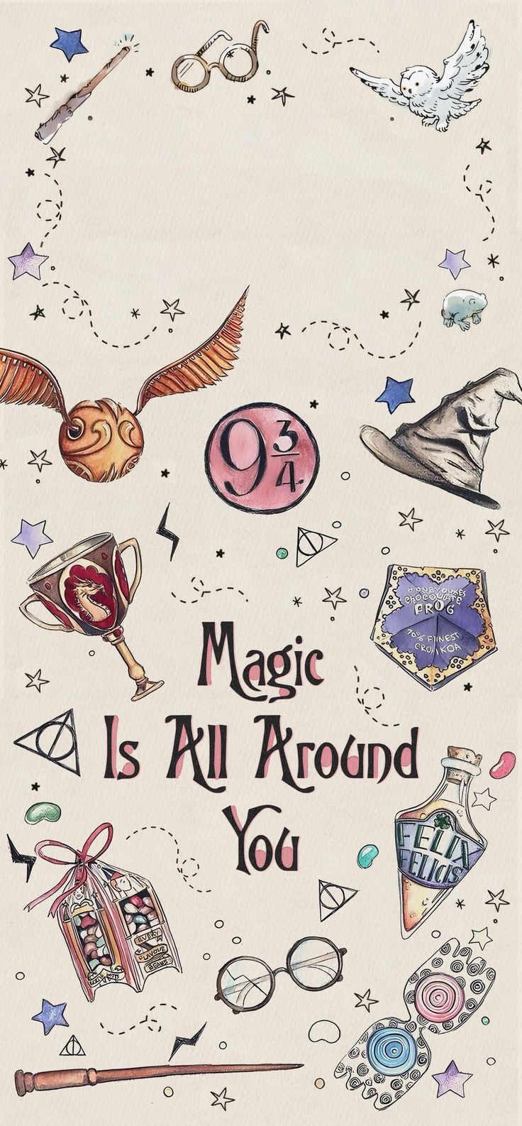 an image of harry potter's symbols with the words magic is all around you