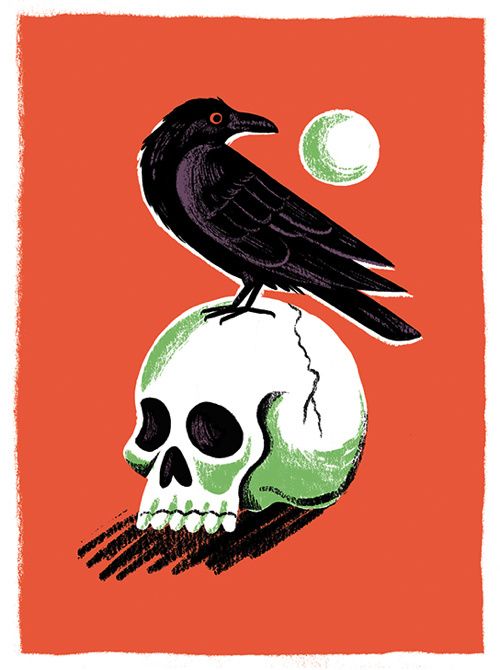 a black bird sitting on top of a skull with a full moon in the background