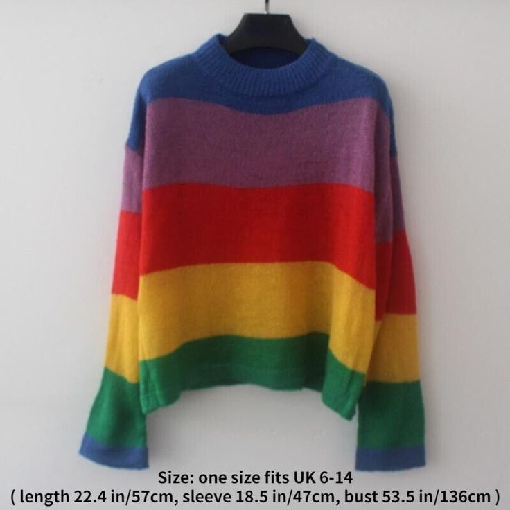 This item is for one sweater only. Lady Colorful Rainbow Sweater Striped Tops Knitted Pullover Jumper Loose Sweater Photos may slightly different from actual item's color due to the lighting during photo shooting or the monitor's display. This is in Asian sizing, smaller than western size e.g. UK, US, AU. Please check the measurements carefully before making a purchase. Beside, Please allow 2-4cm discrepancy due to different measurement method. If you are not sure which size to buy, please provi How To Fold Sweaters, Aesthetic Sweaters, Striped Tops, Sweater Striped, Rainbow Sweater, Cozy Knit Sweater, Winter Photos, Colorful Rainbow, Loose Sweater