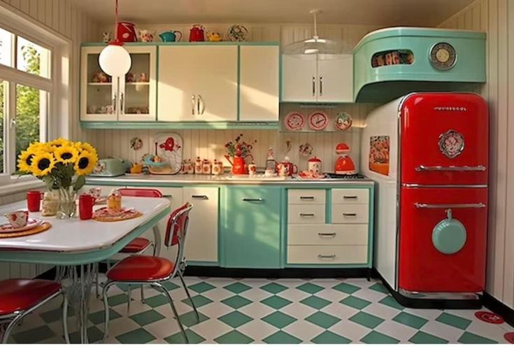 a red refrigerator sitting in the middle of a kitchen next to a table and chairs