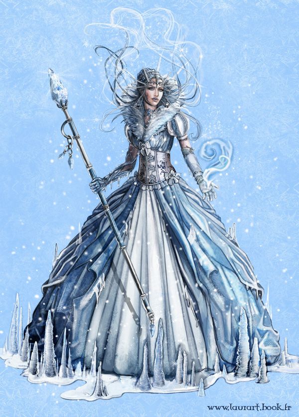 a painting of a woman dressed in blue and white holding a staff with snow flakes on it