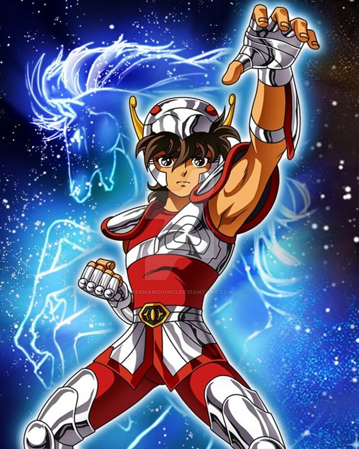 an anime character in red and white uniform with horns on his head, holding two hands up