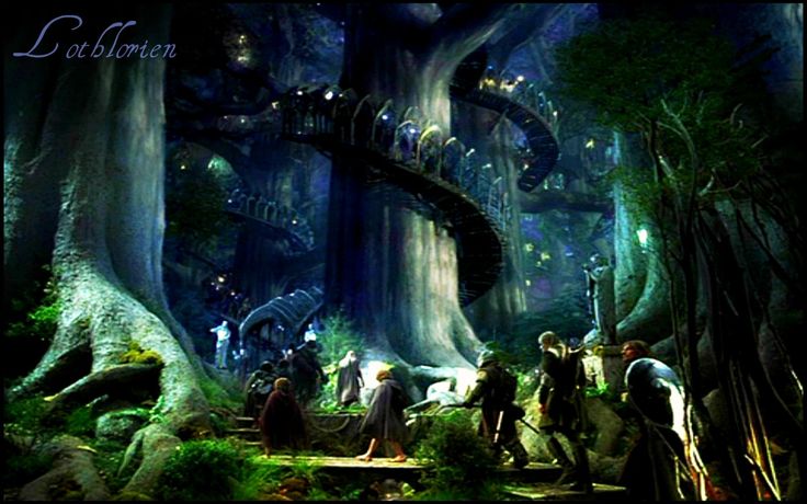 a group of people standing in the middle of a forest next to a spiral staircase