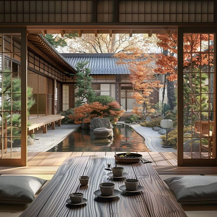 This serene Japanese courtyard house features traditional architecture with sliding wooden doors, tatami mats, and a koi pond. The meticulously designed garden includes vibrant autumn foliage and carefully pruned trees, creating a tranquil focal point. Inside, a low wooden table set with tea utensils invites peaceful reflection. The blend of nature and traditional elements offers a perfect retreat for relaxation and contemplation. House With A Tree Inside, Japanese Bath House Exterior, House With Garden Inside, Dream House Japanese Style, Traditional Japanese Farmhouse, Old Japanese House Interior, Wooden House Design Interior, Pond Inside House, Japanese House Inside