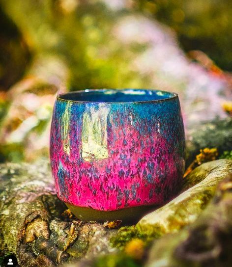 a purple and blue cup sitting on top of a moss covered tree branch in the woods