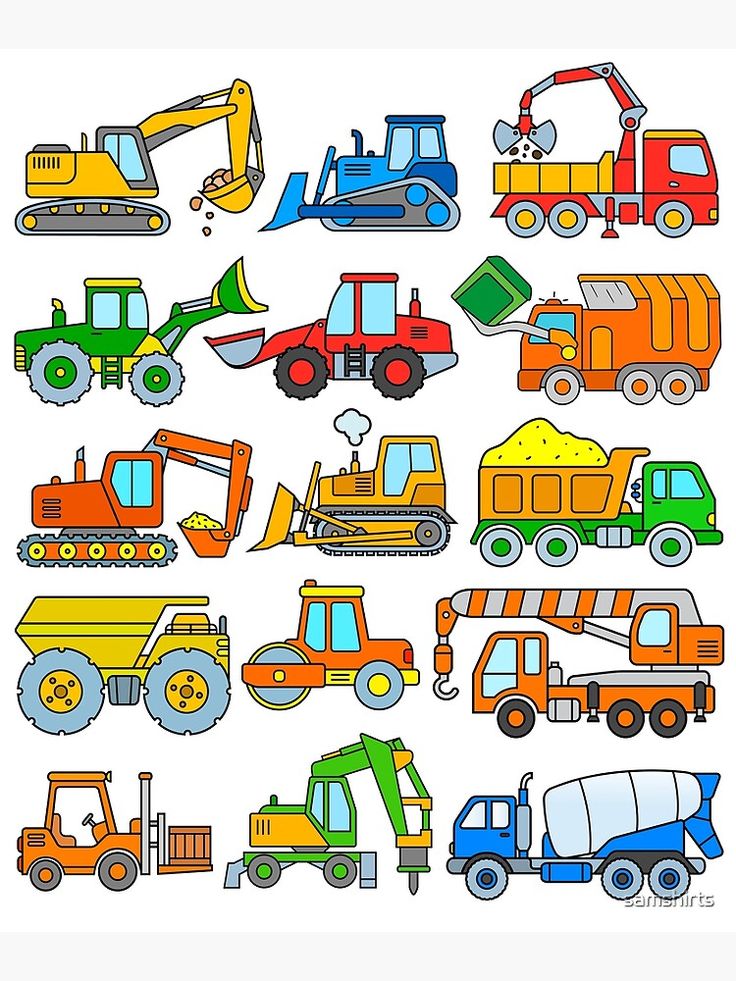 various types of construction vehicles on a white background