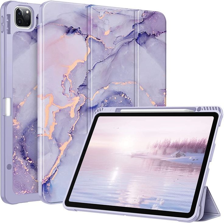 an ipad case with a purple marble design on the front and back cover, sitting next to it