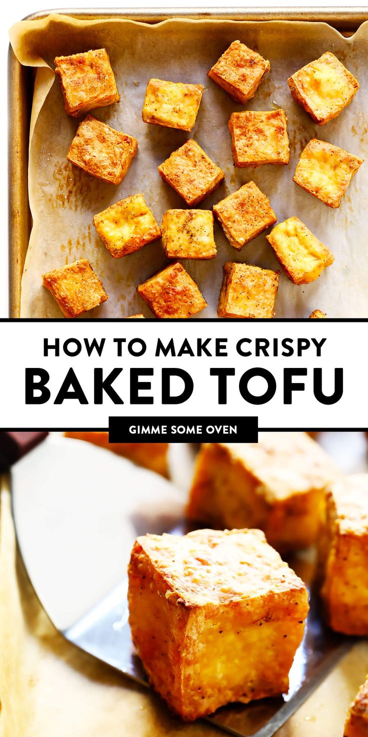 how to make crispy baked tofu on a baking sheet with text overlay