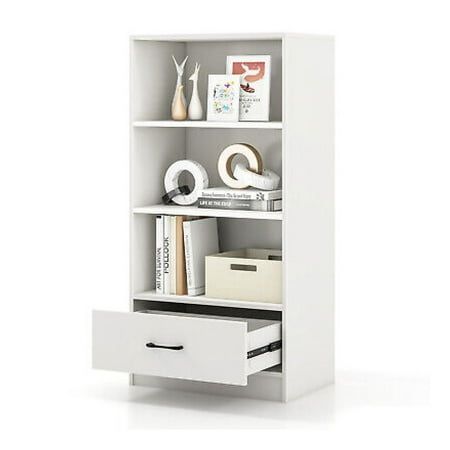 a white bookcase with two drawers and some items on it's shelfs