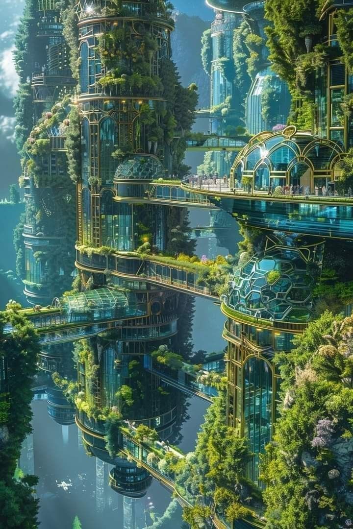 a futuristic city surrounded by trees and water