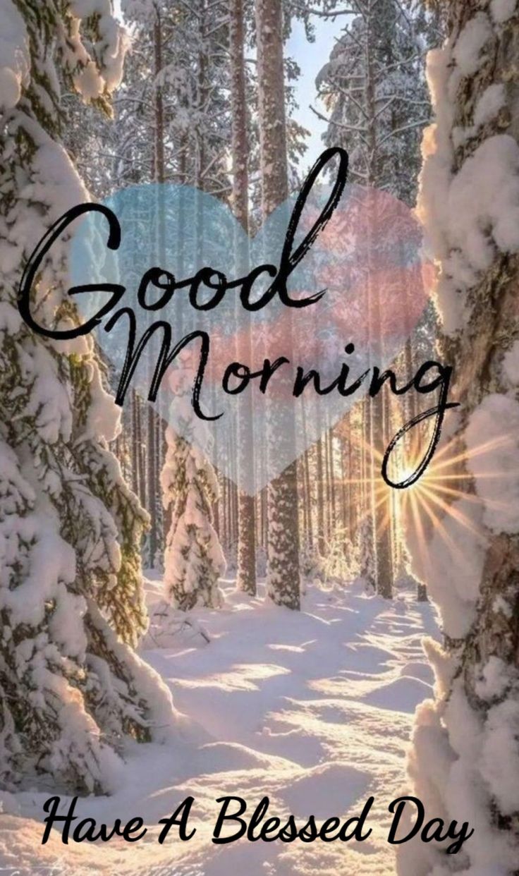 the words good morning have a blessing day in front of snow covered trees and heart