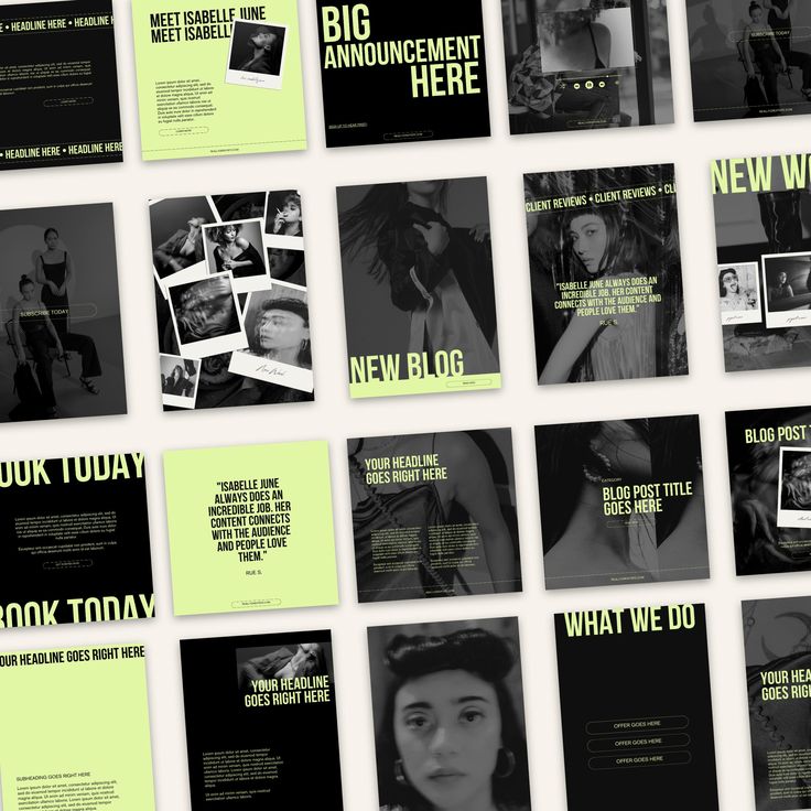 a series of brochures designed to look like black and lime green covers for magazines