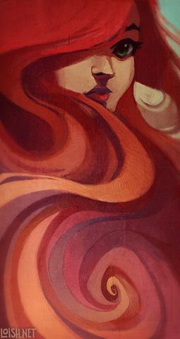 a painting of a woman with long red hair