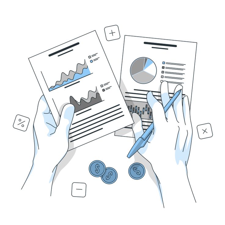 two hands holding papers with graphs on them and coins in front of them, next to each other