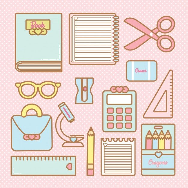 various school supplies are arranged on a pink background