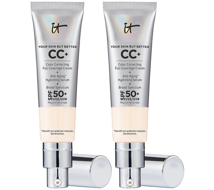 The most-loved product from IT Cosmetics is now available in a duo of two full sizes. Your Skin But Better CC Cream is your serum, moisturizer, primer, broad spectrum SPF 50 and full-coverage foundation -- all in one step! A multitasking beauty miracle, this one step option does everything, but it looks and feels like nothing on your skin!  Formulated with hydrolyzed collagen, peptides, niacin, hyaluronic acid, the skin-loving full-coverage foundation diffuses the look of wrinkles and blurs the It Cosmetics Cc Cream, Physical Sunscreen, Perfect Complexion, Full Coverage Foundation, It Cosmetics, Hydrating Serum, Collagen Peptides, Hydrolyzed Collagen, Cc Cream