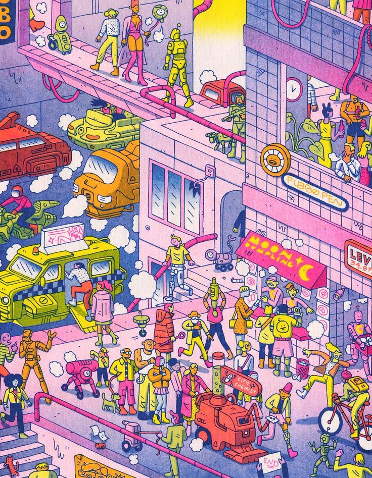 an illustration of people in the city surrounded by vehicles