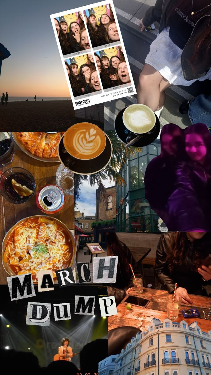 a collage of photos with people eating pizza and drinking coffee in front of a building