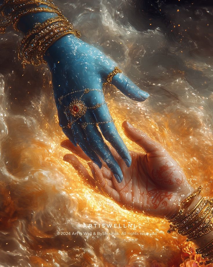 a person's hand painted in blue and gold