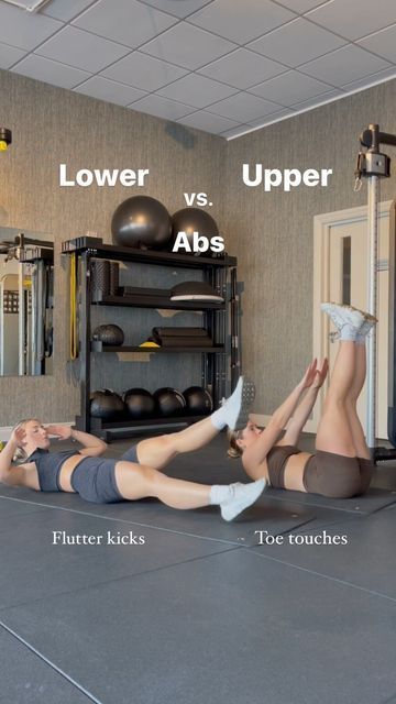 two women doing exercises on the floor in front of a gym equipment rack and exercise balls